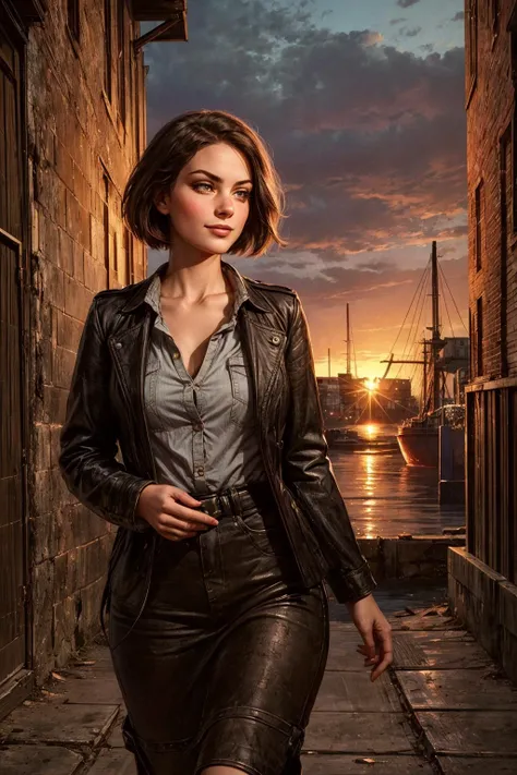 In the heart of a bustling 19th-century industrial port city, envision a striking young adventurer. She embodies the spirit of the era, with [youthful allure], [delicate curves], a [narrow waist], and [smooth, unblemished skin], a captivating figure amidst the gritty, smoke-choked streets.
Her attire pays homage to her adventurous lifeâa rugged ensemble fit for a daring explorer. She wears a weathered leather jacket adorned with patches, its fabric hinting at countless adventures in distant lands. Beneath it, a partially unbuttoned shirt reveals a glimpse of [subtle curves] and [sun-kissed skin]. Tousled hair frames her face, and her stance exudes a hint of [sultry confidence].
Her [delicately arched jawline] adds to her allure, tracing the contours of [full cheeks] adorned with [subtle blush], a hint of secrets and passions. [Exquisite features], a [long, inviting chin], and [graceful cheekbones] harmonize with her [nose, slightly upturned at the tip], adding to her allure and warm shy (smile). Her [parted lips], as alluring as pomegranate, with [pearly white teeth], carry an air of [subtle mystery], their natural beauty complemented by [tinted lip balm].
Her eyes hold a [hypnotic gaze], the [rich brown] of her irises set against [white sclera]. [Elegantly curved eyebrows], [long, inviting eyelashes], and [smoky eyeliner] hint at a life steeped in shadows.
The industrial port city sprawls before her, with red brick warehouses and factories lining the bustling docks. Ivy clings to the aged structures, nature's persistent intrusion into the urban chaos.
Enormous steamships dominate the dockside, their chimneys spewing thick plumes of smoke, adding to the grimy atmosphere. The city's gritty taverns, where adventurers gather to share tales of their exploits in far-off lands, beckon from the shadows.
In the midst of this industrial spectacle, the adventurer navigates with irresistible confidence, her presence a captivating paradox in the midst of a rapidly evolving world.
This is a glimpse into a sprawling port city during the 19th-century industrial revolution, where red brick warehouses, bustling docks, and the enduring allure of a young adventurer capture the essence of a bygone era, where daring exploration, survival, and allure thrived in a gritty and dynamic world.<lora:add_detail:0.5>  <lora:bichu-v0612:0.5>   <lora:sxz-slavic-fantasy:0.5>  <lora:hairdetailer:0.5>   <lora:Gloomifier_slider_LECO_500w:0.5>