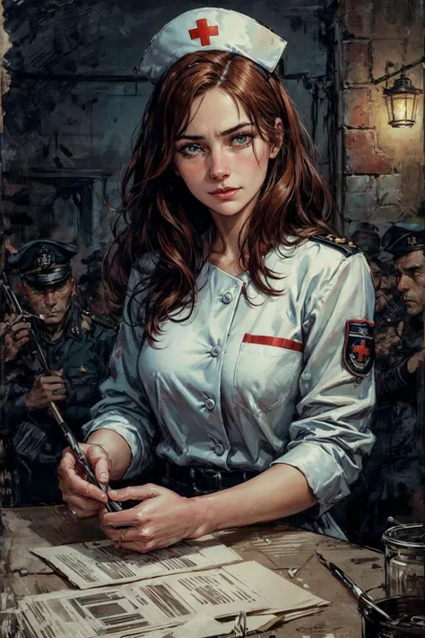 In the midst of the harrowing landscapes of World War I, a field hospital stands as an oasis of compassion amid the chaos of conflict. The scene is painted in the style of Hans Larwin, capturing the raw emotion and vivid details of this pivotal moment in history.
A young nurse, a beacon of hope amidst the darkness of war. Her (slim and slender) figure is enveloped in the traditional uniform of her profession, a stark contrast to the rugged and worn surroundings. Her (auburn hair) peeks out from under her nurse's cap, framing her (delicate face) with an expression of steadfast determination.
The intensity of the moment is palpable in her (gentle blue eyes), which radiate a mix of compassion and resilience as she treats the soldier's injuries. Her (soft lips) convey a sense of reassurance in (warm smile), her presence a source of comfort for those who bear the scars of battle.
The field hospital, nestled in the heart of the war-torn landscape, is a testament to the indomitable spirit of those who offer solace amid the ravages of war. The camera captures the intricate details of the makeshift medical station, from the meticulous arrangements of medical supplies to the dim light filtering through the canvas walls.
Larwin's distinctive brushwork brings to life the textures of the nurse's uniform, the soldier's worn clothing, and the rough canvas cots that serve as beds. The interplay of light and shadow heightens the emotional depth of the scene, with the soft glow of lanterns casting a warm and comforting ambiance amidst the darkness.
As the nurse tends to the soldier, a sense of camaraderie and shared humanity emergesâthe unbreakable bond that forms between those who face the horrors of war together. The authenticity of the moment is captured through the rich layers of detail and the evocative use of color, each stroke of the brush revealing the depth of their connection.
In this scene, Larwin's artistic touch transcends the physicality of the image, reaching into the emotional core of the human experience. The camera's lens captures not just the act of medical care, but the profound impact of compassion and empathy in the midst of the tumultuous backdrop of World War I. <lora:add_detail:0.5>  <lora:bichu-v0612:0.5>  <lora:detailed_eye:0.7> <lora:Gloomifier_slider_LECO_500w:1>