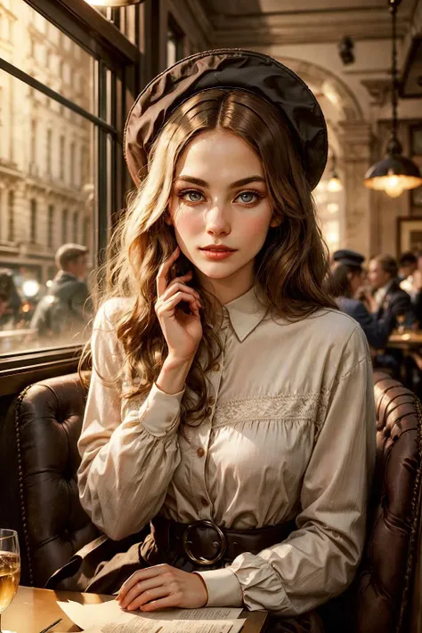 Generate an image that transports us to the enchanting world of the interwar period in Paris, where a young and elegant flight attendant savors a quiet moment at a charming Parisian café.
The flight attendant herself embodies the grace and sophistication of the era. She possesses a timeless beauty and slender figure that complements her chic and vintage attire, perfectly in sync with the ambiance of the interwar period.
Her hair, a rich chestnut hue, is elegantly styled in loose waves that frame her face. Her eyes, a captivating shade of deep hazel, reflect both the allure of Paris and a sense of curiosity. Long, dark eyelashes emphasize her eyes, and she wears subtle brown eyeshadow that adds to her sophistication.
Her facial features are delicately proportioned, featuring a petite nose and high cheekbones that evoke the elegance of the interwar era. Her lips, with a natural rosy tint, form a warm and inviting smile that exudes charm and grace.
The flight attendant's attire is a testament to the fashion of the timeâa tailored, knee-length dress cinched at the waist and flared at the skirt. She wears a stylish cloche hat adorned with a ribbon, adding an air of sophistication. Classic pumps and a vintage leather handbag complete her ensemble.
As she sits at the Parisian café, she enjoys a cup of coffee, her delicate fingers wrapped around the warm porcelain cup. The café exudes an authentic interwar atmosphere, with wrought-iron tables and chairs, checkered tablecloths, and the soft hum of conversation in the background.
The image is bathed in the soft, romantic light of a Parisian afternoon, casting a warm and nostalgic glow over the scene. It captures a fleeting moment in time, where the flight attendant relishes the magic of Paris during the interwar period, embodying the spirit of elegance and exploration.
This revised prompt focuses on the flight attendant's experience at a Parisian café, maintaining the interwar atmosphere. <lora:add_detail:0.5> <lora:bichu-v0612:0.5> <lora:sxz-slavic-fantasy-v1:0.5> <lora:detailed_eye:0.7> <lora:Gloomifier_slider_LECO_500w:1>