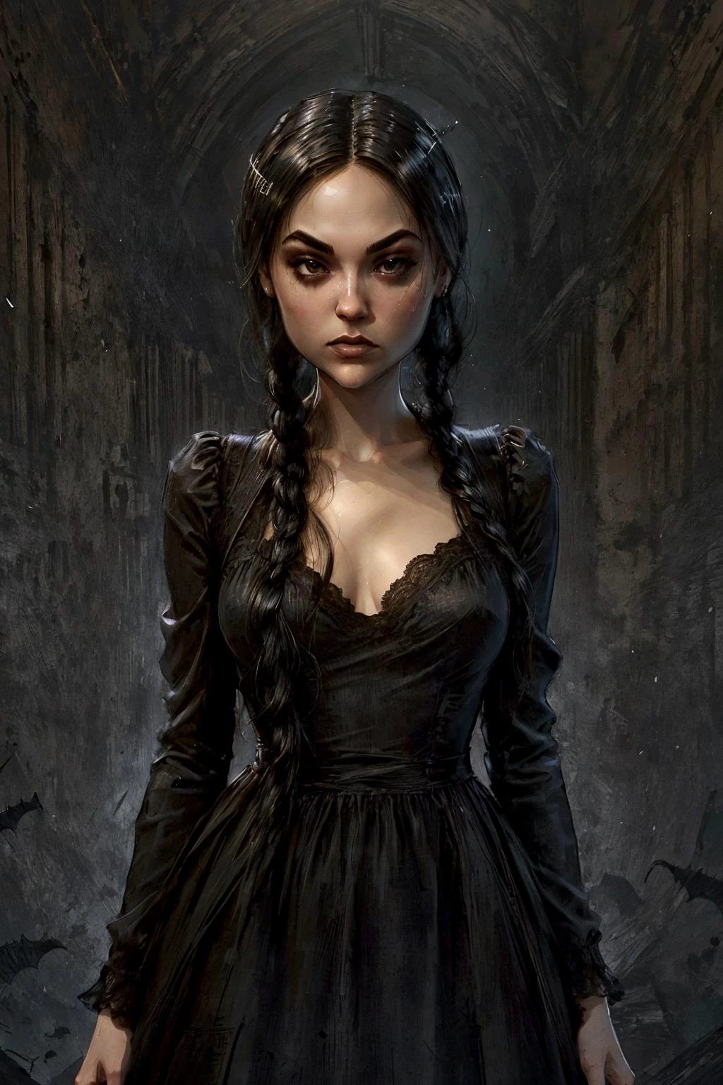 Generate a high-quality image of Wednesday Addams (koh_sashagrey) during Halloween eve. She is standing on the grand, dimly lit staircase of an ancient, eerie, and gothic mansion. Wednesday is a tall, slim, and pale young woman with long, jet-black hair, almost reaching her waist. Her hair is straight and perfectly styled, framing her beautiful, oval face. She has large, expressive, and slightly melancholic dark brown eyes that give her an enigmatic look. Her skin is porcelain white, and she has a delicate, pointed nose.
Wednesday is dressed in a revealing, skin-tight black dress that accentuates her alluring figure. The dress features intricate details that blend seamlessly with the gothic aesthetic. Her attire is both fashionable and macabre, perfectly capturing her unique style.
The setting should exude a spooky, atmospheric vibe, with flickering candlelight, cobwebs, and hauntingly elegant décor. It's a perfect scene for a Halloween celebration. The overall image should capture her iconic gothic charm and the macabre ambiance of the mansion. <lora:add_detail:0.5> <lora:methurlant:0.5> <lora:sxz-slavic-fantasy-v1:0.5> <lora:bichu-v0612:0.5> <lora:RAL:0.5> <lora:Gloomifier_slider_LECO_500w:0.7> <lora:hairdetailer:0.7> <lora:wednesday_addams:1>