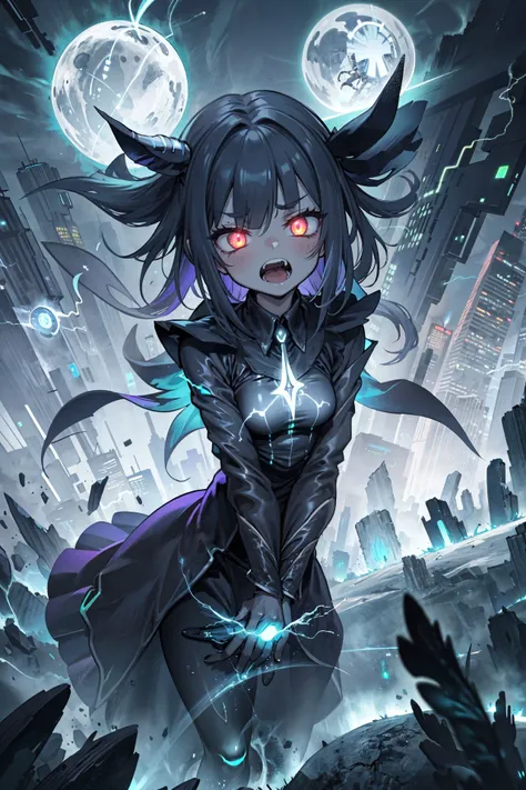 (best quality, high resolution, extremely detailed:1.2), (AS-Adult:1.1) girl, casting magic,levitating above ground, dark,magician clothing, menacing, glowing eyes bioluminescence, detailed face, detailed eyes, intricate clothing, detailed clothing, <lora:Gloomifier_V2_TheGlow:1.5> , dark lighting, dark, (red glow:1.2), arms spread, hands spread, floaty hair, screaming, above ground, electricity,