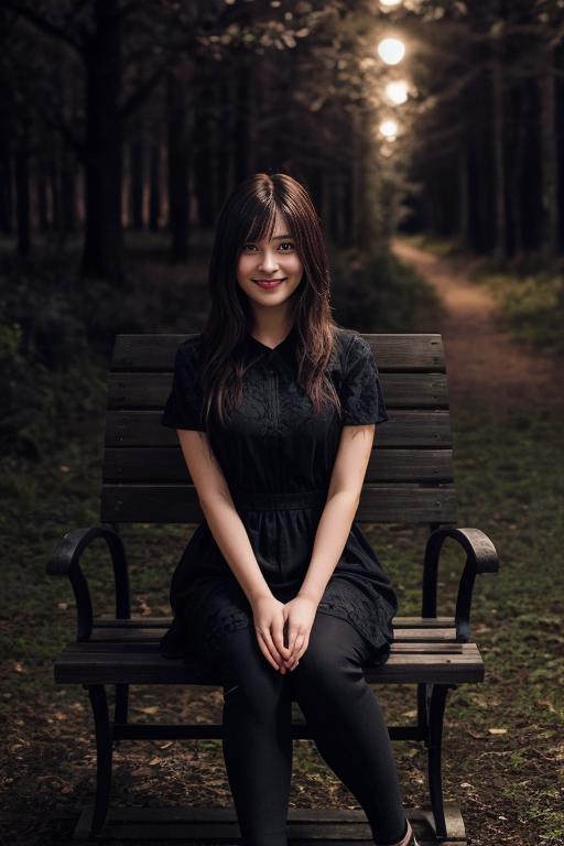 Arafed woman sitting on a bench in a dark forest - SeaArt AI