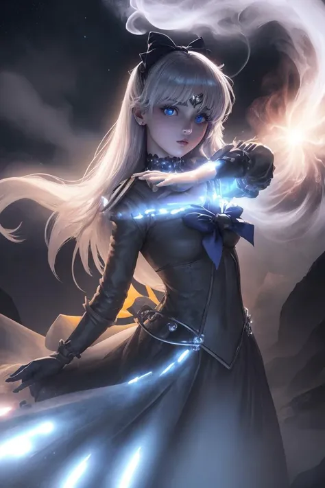 (Masterpiece, best quality), 1girl, solo, svl, iridescent long blonde hair, (detailed face and eyes):1.2, aesthetic:1.3, hyperrealism, photorealistic:1.1, <lora:sailor_venus_v2:0.8> sailor senshi uniform, elbow gloves, tiara, orange choker, white gloves, orange hairbow, jewelry, <lora:Gloomifier_V2_TheGlow:1.6> glowing eyes, a visible electricity current is connected between her two hands and sparkling brightly, She is looking at the viewer in a sexy action pose. The artwork should have dramatic and cinematic lighting, including rim and volumetric lighting effects. Use a vibrant color theme and detailed textures to enhance the realism. The angle should be dynamic and slightly tilted (Dutch angle) for added drama. The background should be a fantasy setting with a waterfall, ethereal sky, nebula clouds, star clusters, and a supernova. All visual elements rendered in V-Ray to create a visually stunning masterpiece:1.2, <lora:difConsistency_photo:0.2>