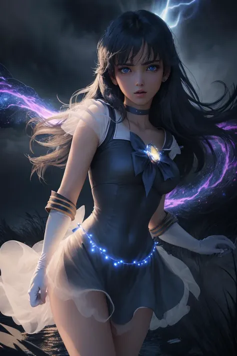 (Masterpiece, best quality), 1girl, solo, svl, (detailed face and eyes):1.2, aesthetic:1.3, hyperrealism, photorealistic:1.1, <lora:sailor_venus_v2:0.8> sailor senshi uniform, elbow gloves, tiara, choker, white gloves, jewelry, <lora:Gloomifier_V2_TheGlow:1.6> glowing eyes, a visible electricity current is connected between her two hands and sparkling brightly, She is looking at the viewer in a sexy action pose. The artwork should have dramatic and cinematic lighting, including rim and volumetric lighting effects. Use a vibrant color theme and detailed textures to enhance the realism. The angle should be dynamic and slightly tilted (Dutch angle) for added drama. The background should be a fantasy setting with a waterfall, ethereal sky, nebula clouds, star clusters, and a supernova. All visual elements rendered in V-Ray to create a visually stunning masterpiece:1.2, <lora:difConsistency_photo:0.2>