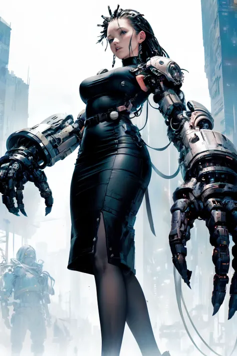 (masterpiece, best quality, ultra detailed), super fine concept art, scifi, future, cyberpunk, 1girl, solo, action, looking viewer, disdain, expressionless, bored, half-closed eyes, cornrows, mechanical arms, (huge arm:1.2), <lora:MechanicalArms:0.8>, simple black suit, simple black pencil skirt, white pantyhose, mechanical hair ornament, cyber hair ornament, <lora:Gloomifier_TheDread_V1_LECO:1.5>, desolation city, hazy air, <lora:add_detail:0.5>,