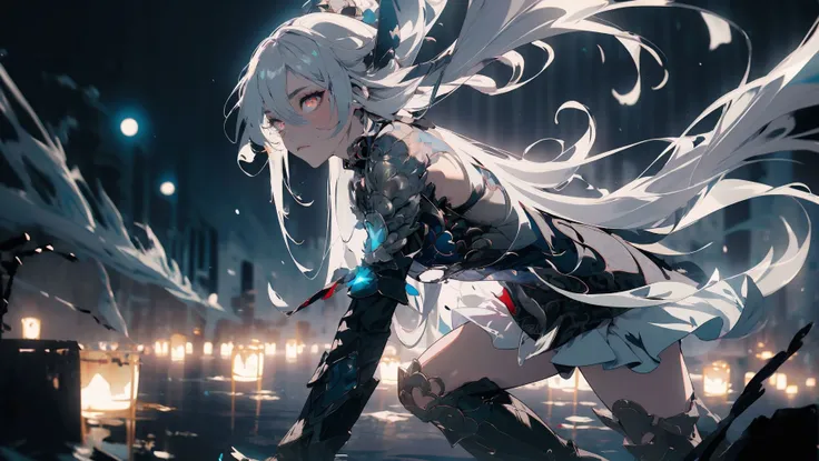 1girl, solo, looking at viewer, red eyes, gloves, dress, bare shoulders,  boots, sky, closed mouth,  black gloves, night, moon, night sky, full moon, white hair, elegant, dynamic pose, long hair, floating hair, black ice, <lora:JingliuV5-10:1>,  <lora:Gloomifier_V2_TheGlow:2>, <lora:midjourney_20230624181825:0.8>, midjourney, BREAK, (masterpiece, 4k, 8k, ultra hires, exremely detailed, good shadow, good light, deep shadow, unreal, high resolution, ultra detailed, best quality, ultra high res, visually stunning, beautiful, award-winning art, best quality, stunningly beautiful:1.2)