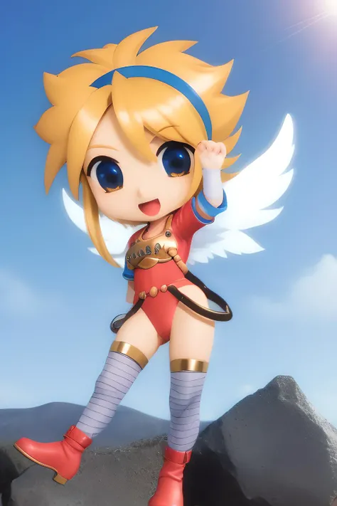 <lora:Nina_BOF1-10:1> nina (bof1), angel wings, blue leotard, armor, thighhighs, short hair, solo, sky, (chibi)