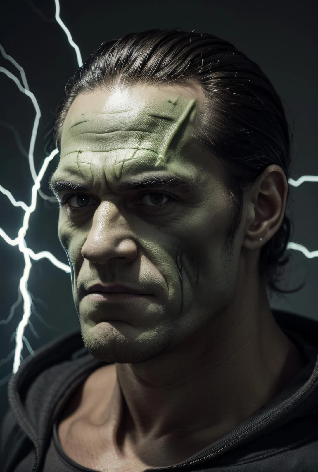 1man, frankenstein, green skin, frankensteins monster, scary, portrait, highly detailed, professional lighting, dark, electricity, ugly face, scary face, scars, large man, square head, short black hair, highly detailed, best quality