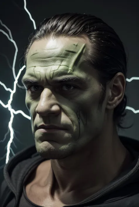 1man, frankenstein, green skin, frankensteins monster, scary, portrait, highly detailed, professional lighting, dark, electricity, ugly face, scary face, scars, large man, square head, short black hair, highly detailed, best quality