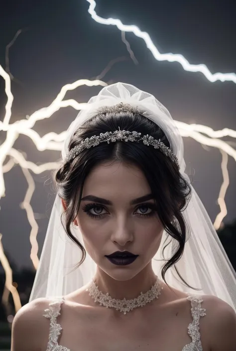 1girl, frankenstein, frankensteins bride, scary, portrait, highly detailed, professional lighting, dark, pretty face face, (long white and black hair, white strands in hair), wedding dress, ((dark lighting, lightning, electricity, halloween)), (wearing a wedding dress), dark lipstick, dark makeup, extremely perfect eyes