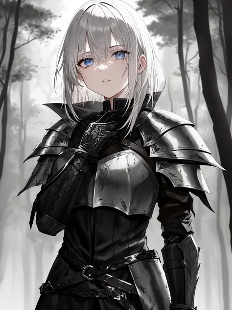 award winning waist up photo of a beautiful fantasy warrior, wearing torn black leather armor, dirty and tarnished and scratched silver pauldrons, blood covered, worn leather gloves, short blonde hair, bright blue eyes, dense forest in background, dark, ominous, foggy, high contrast, shiny skin, soft lighting, backlighting, bloom, light sparkles, chromatic aberration, sharp focus
