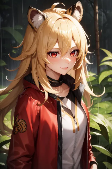 girl in jungle, epic, intricate, smirk, from above, muscular, standing, (thunder rain storm, aura:1.1), blonde hair, tiger ears, messy hair, slit pupils, red eyes, black jacket, high collar