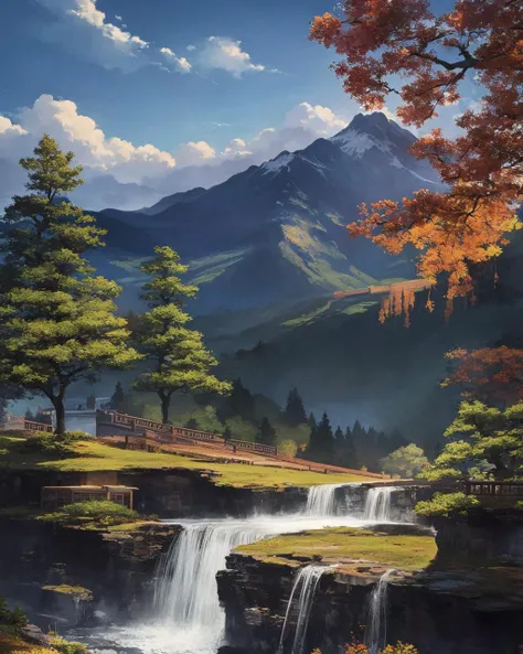 (masterpiece:1.1), (highest quality:1.1), (HDR:1.0), highly detailed, chinese ink painting, colorful ink painting, mountain, waterfall, lake, tree