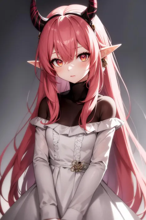 extreme quality, cg, detailed face+eyes, (bright colors:0.8), (anime girl), 1girl, pink hair, hair bobbles, dark theme, soothing tones, muted colors, elf ears, high contrast, (natural skin texture, hyperrealism, soft light, sharp), exposure blend, medium shot, bokeh, (hdr:1.3), high contrast, (cinematic,teal and red:0.85), (muted colors, dim colors, soothing tones:1.3), low saturation, (hyperdetailed:1.2), (noir:0.4), two horns, dress, all white eyes, masterpiece, top tier, extravagant, 8k