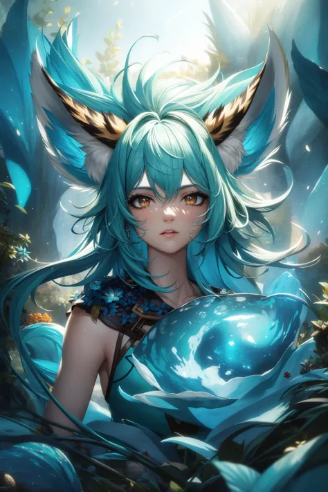 (masterpiece:1.1), (highest quality:1.1), (HDR:1.0), extreme quality, cg, (negative space), detailed face+eyes, 1girl, fox ears, animal ear fluff, (plants:1.18), (fractal art), (bright colors), splashes of color background, colors mashing, paint splatter, complimentary colors, neon, (thunder tiger), compassionate, electric, limited palette, synthwave, fine art, tan skin, upper body, (teal and white:1.2), time stop, colorfantasystyle, SMM