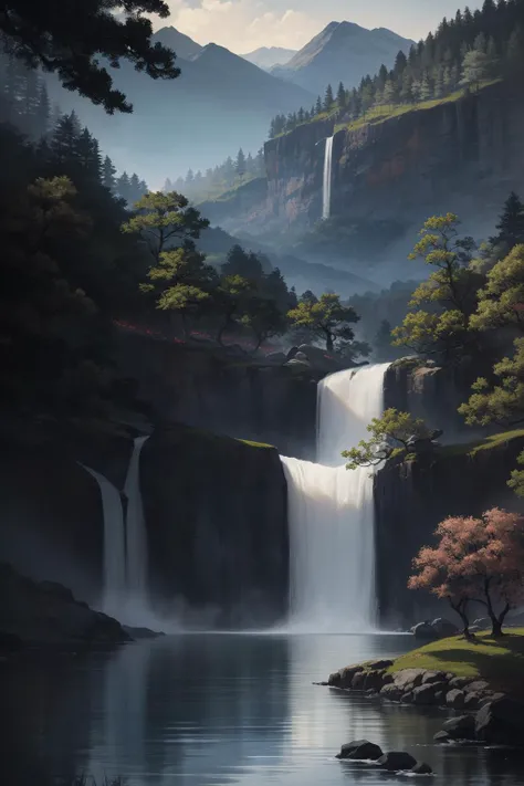 (masterpiece:1.1), (highest quality:1.1), (HDR:1.0), highly detailed, chinese ink painting, colorful ink painting, mountain, waterfall, lake, tree