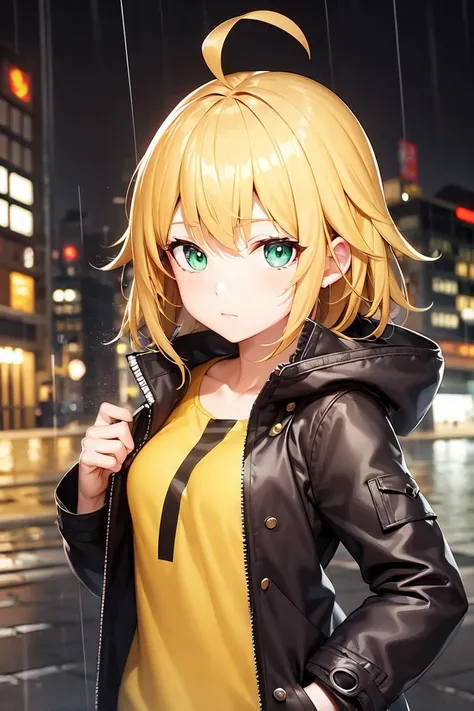 extreme quality, cg, detailed face+eyes, (bright colors:0.9), 1girl, night city, rain, coat, hands in pockets, masterpiece, 8k, (tone mapping, hyper focus:0.7), (random:1.4), green eyes, medium hair, yellow hair, ahoge, expressionless, small breasts