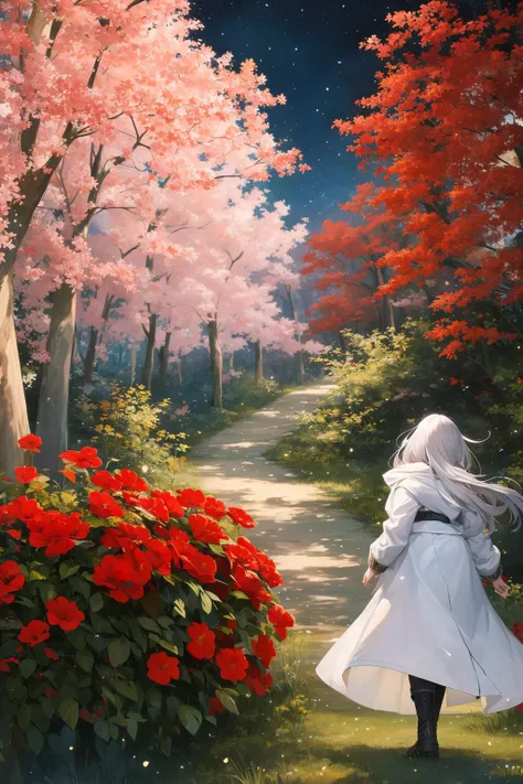 extreme quality, cg, (bright colors:0.8), ultra-detailed, illustration, impasto, painting, 1girl, large white jacket, long jacket, short legs, short, forest, mystery, mysterious forest, girl investigator, tall boots, red flowers, starry sky, stars, nebula, white hair, walking, walking through the forest, relaxed expression, night, nebula sky, planets, ((red flowers)), solo, anime wallpaper, high quality wallpaper, official wallpaper, masterpiece, best quality, 8k