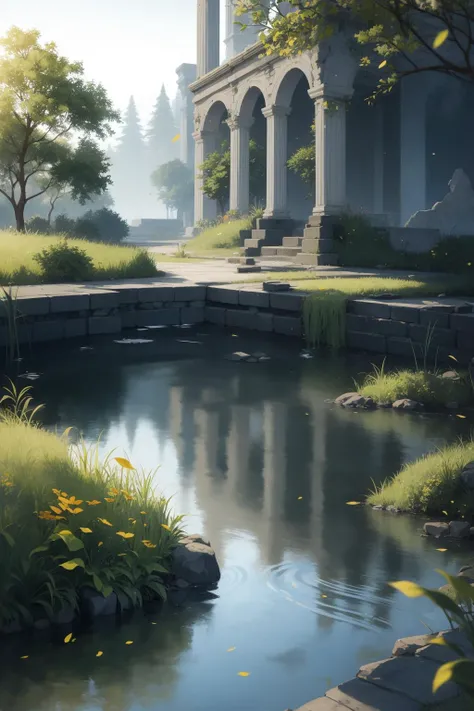 extreme quality, cg, photorealistic, (bright colors:0.9), light, elemental, water magic, blue, water, magical, righteous, (outdoors), masterpiece, 8k, (tone mapping, hyper focus:0.5), limited palette, (dappled sunlight:0.7), reflective surface, orange, wholesome, (varied depth of field:0.8), complimentary colors, particle dust, green embers, (ancient), (pyramid:0.7), flood, (vegetation), plants, (destiny 2:1.25), (no humans:1.5), (neon cyber technology:1.27), (architecture:0.8), magical, ruins, (catacomb:0.7), ripples, granite, detailed texture, flower, marble, vine