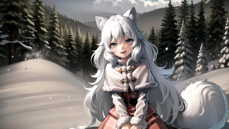 (masterpice, best quality, high resolution:1.3),<lora:ArcticfoxKemonofriends_Hottkyokugitsune:0.75> , ARCTICFOX sitting on log, snowy forest, smiling, half closed eyes, detailed face , detailed ARCTICFOX_explorer, detailed clothing, cute, fluffy ears, fluffy detailed tail, snowstorm, snowy, snowing, windy