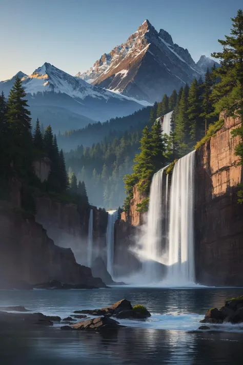 (masterpiece:1.1), (highest quality:1.1), (HDR:1.0), highly detailed, chinese ink painting, colorful ink painting, mountain, waterfall, lake, tree