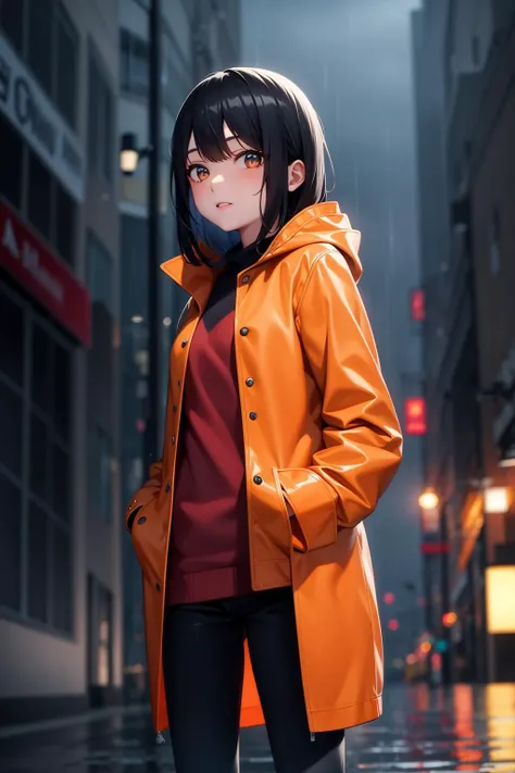 1girl, night city, rain, orange coat, hands in pockets