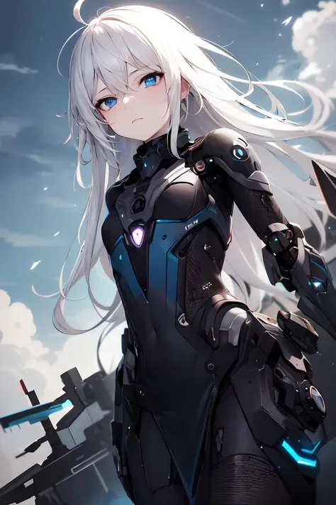 masterpiece, best quality, a portrait of 1girl, white hair, ahoge, absurdly long hair, blue eyes, petite, flat chest, (best quality), cowboy shot, popular on artstation, highly detailed, walking, cloudy sky, ultra high res, northern warrior, black sky, filigree, vanishing point, (intricate details), pale skin, expressionless, dystopian, futuristic, cybernetic, monochrome, abstract, chromatic aberration, soft fabric waist extension, evil, villain, glow, rtx, destruction, apocalypse, solo, half-closed eyes, hair between the eyes, looking up, from below, background explosion, war, sparks