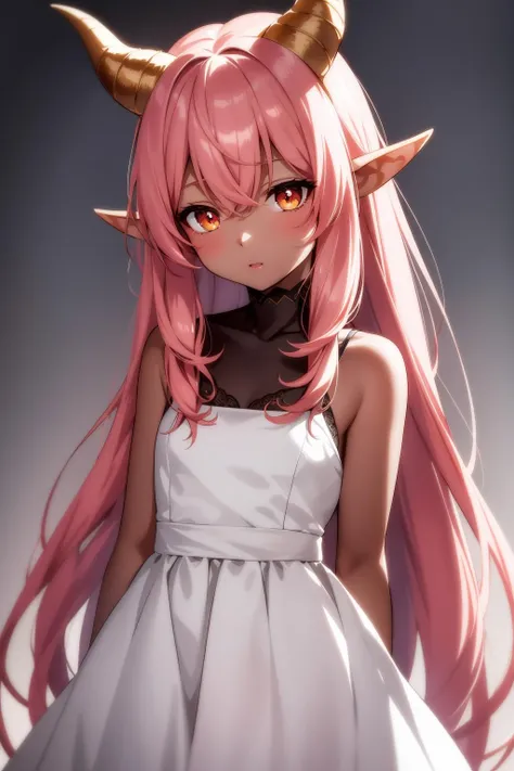 extreme quality, cg, detailed face+eyes, (bright colors:0.8), (anime girl), 1girl, pink hair, hair bobbles, dark theme, soothing tones, muted colors, elf ears, high contrast, (natural skin texture, hyperrealism, soft light, sharp), exposure blend, medium shot, bokeh, (hdr:1.3), high contrast, (cinematic,teal and red:0.85), (muted colors, dim colors, soothing tones:1.3), low saturation, (hyperdetailed:1.2), (noir:0.4), two horns, dress, all white eyes, masterpiece, top tier, extravagant, 8k