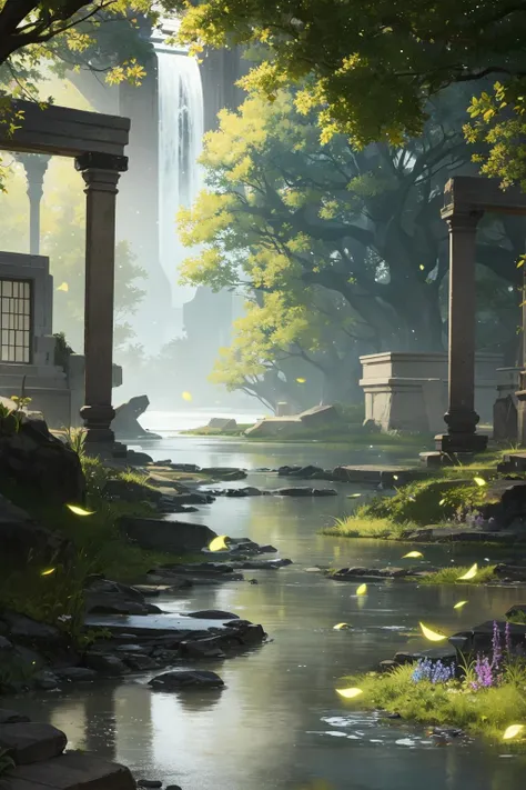 extreme quality, cg, photorealistic, (bright colors:0.9), light, elemental, water magic, blue, water, magical, righteous, (outdoors), masterpiece, 8k, (tone mapping, hyper focus:0.5), limited palette, (dappled sunlight:0.7), reflective surface, orange, wholesome, (varied depth of field:0.8), complimentary colors, particle dust, green embers, (ancient), (pyramid:0.7), flood, (vegetation), plants, (destiny 2:1.25), (no humans:1.5), (neon cyber technology:1.27), (architecture:0.8), magical, ruins, (catacomb:0.7), ripples, granite, detailed texture, flower, marble, vine