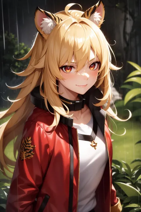 girl in jungle, epic, intricate, smirk, from above, muscular, standing, (thunder rain storm, aura:1.1), blonde hair, tiger ears, messy hair, slit pupils, red eyes, black jacket, high collar