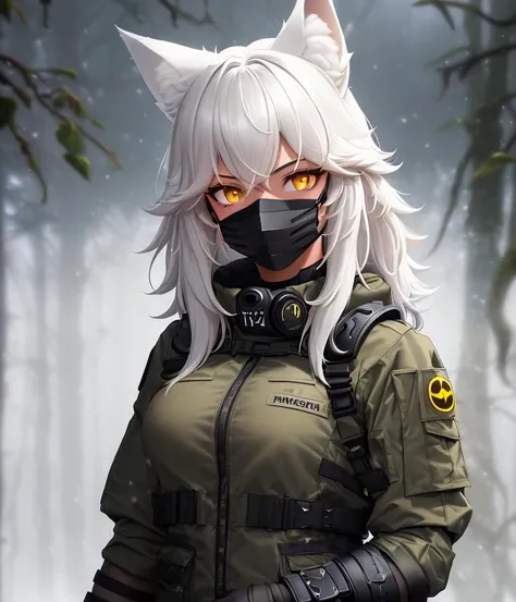photo of cute army girl, detailed face+eyes, tactical clothing, (white fox girl,animal ear fluff, (fluffy hair), medium hair, attractive, yellow eyes, picturesque, sporty, (dark skin:1.2), (tactical mask), upper body, dynamic angle, mad, by Jeremy Lipking, by Antonio J Manzanedo, (by Alphonse Mucha:0.5), masterpiece, (pov), metal, foggy snowy jungle, varied depth of field, captain
