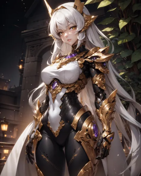 (masterpiece:1.1), (highest quality:1.1), 1girl, mecha, robot, armor, bodysuit, mechanical arms, mysterious expression, magical, magical effects like sparkles or energy, flowing robes, mystical background, rim lighting, side lighting, cinematic light, ultra high res, 8k uhd, film grain, best shadow, delicate, RAW, light particles, detailed skin texture, detailed cloth texture, beautiful detailed face, intricate details, ultra detailed, mecha musume, mechanical arms, headgear, bodysuit, (plants:1.3), gold, luxury, (violet), (looking at viewer), nijimecha, SMM, fantasy00d