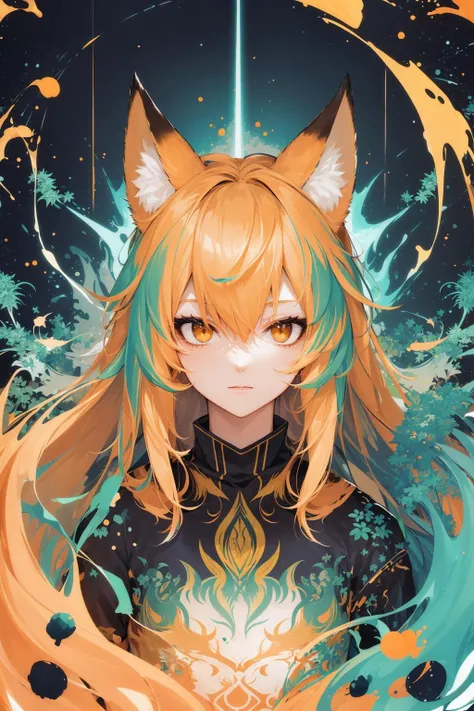 (masterpiece:1.1), (highest quality:1.1), (HDR:1.0), extreme quality, cg, (negative space), detailed face+eyes, 1girl, fox ears, animal ear fluff, (plants:1.18), (fractal art), (bright colors), splashes of color background, colors mashing, paint splatter, complimentary colors, neon, (thunder tiger), compassionate, electric, limited palette, synthwave, fine art, tan skin, upper body, (green and orange:1.2), time stop, sy3, SMM