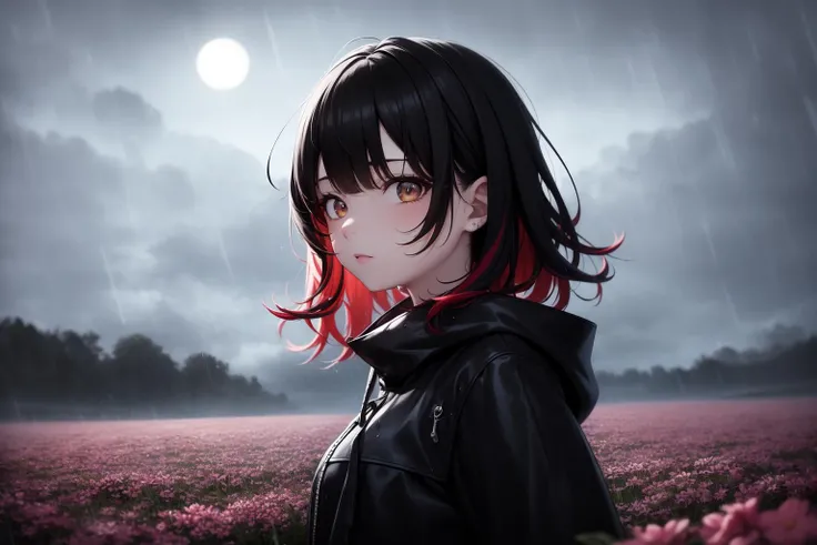 Girl with multicoloured hair, black hair, red hair, heavy rain, bad weather, black clouds, moonlight, sad, rain drops, flower field, (masterpiece:1.4), (highres), wet hair, looking_at_viewer, eye_contact, (extremely detailed background:1.2), hair_flower