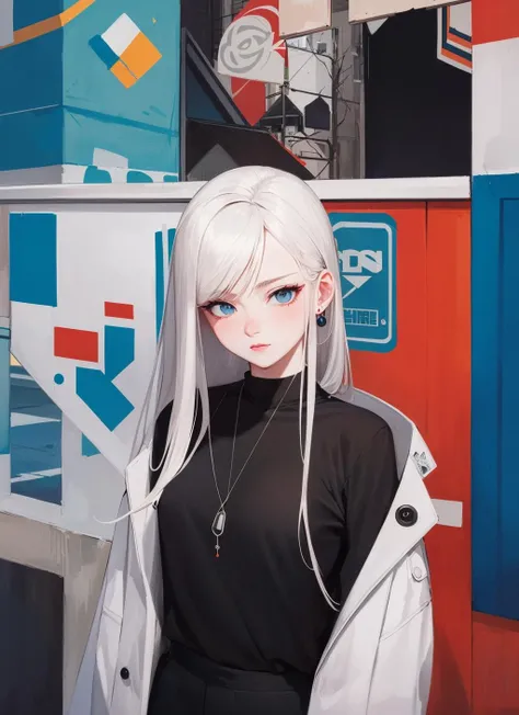 (masterpiece:1.1), (highest quality:1.1), abstract 1998 african white hair hiphop girl by sachin teng x supreme, attractive, stylish, designer, coral, asymmetrical, geometric shapes, graffiti, street art