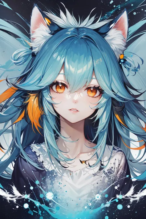 (masterpiece:1.1), (highest quality:1.1), (HDR:1.0), extreme quality, cg, (negative space), detailed face+eyes, 1girl, fox ears, animal ear fluff, (plants:1.18), (fractal art), (bright colors), splashes of color background, colors mashing, paint splatter, complimentary colors, neon, (thunder tiger), compassionate, electric, limited palette, synthwave, fine art, tan skin, upper body, (green and orange:1.2), time stop, sy3, SMM