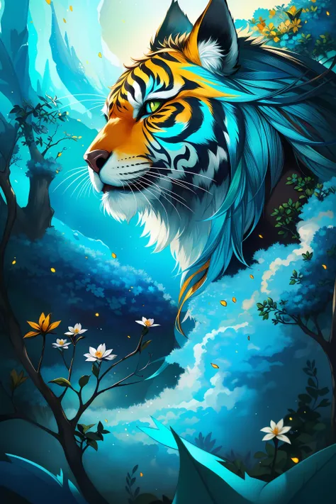 (masterpiece:1.1), (highest quality:1.1), (HDR:1.0), extreme quality, cg, (negative space), detailed face+eyes, 1girl, fox ears, animal ear fluff, (plants:1.18), (fractal art), (bright colors), splashes of color background, colors mashing, paint splatter, complimentary colors, neon, (thunder tiger), compassionate, electric, limited palette, synthwave, fine art, tan skin, upper body, (teal and white:1.2), time stop, colorfantasystyle, SMM