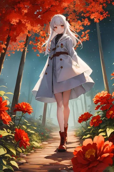 extreme quality, cg, (bright colors:0.8), ultra-detailed, illustration, impasto, painting, 1girl, large white jacket, long jacket, short legs, short, forest, mystery, mysterious forest, girl investigator, tall boots, red flowers, starry sky, stars, nebula, white hair, walking, walking through the forest, relaxed expression, night, nebula sky, planets, ((red flowers)), solo, anime wallpaper, high quality wallpaper, official wallpaper, masterpiece, best quality, 8k