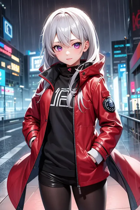 extreme quality, cg, detailed face+eyes, (bright colors:0.9), 1girl, night city, rain, coat, hands in pockets, masterpiece, 8k, (tone mapping, hyper focus:0.7), (random:1.4)
