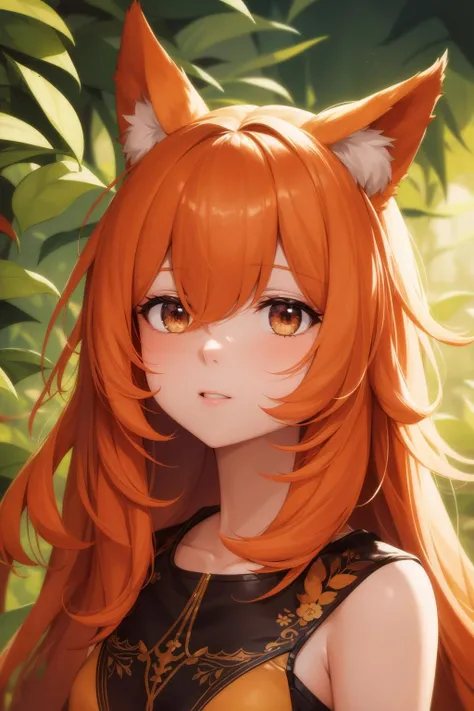 (masterpiece:1.0), (highest quality:1.12), (HDR:1.0), 1girl, solo, flat colors, colorful, animal ear fluff, solo, plants, (orange), gradient background, smooth lighting, (splash art:0.8), portrait, (upper body:0.85), (random:1.4)