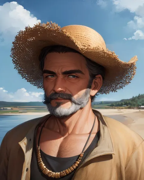 masterpiece, best quality, a portrait of an old coal miner in 19th century, (high resolution uncompressed raw photo:0.8), 1 man, (best quality), cowboy shot, popular on artstation, warm vibrant color palette, sandy beaches, highly detailed, by Tyler Edlin, walking, cloudy sky, ultra high res, a portrait of a male with a rough exterior, marroon, light white, northern warrior, blue sky, necklace, filigree, vanishing point, (intricate details), bushes