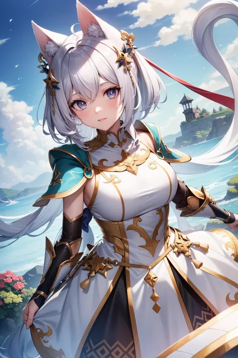 extreme quality, cg, (bright colors:0.8), cat wearing a white armor and green ornament, masterpiece, best quality, 8k