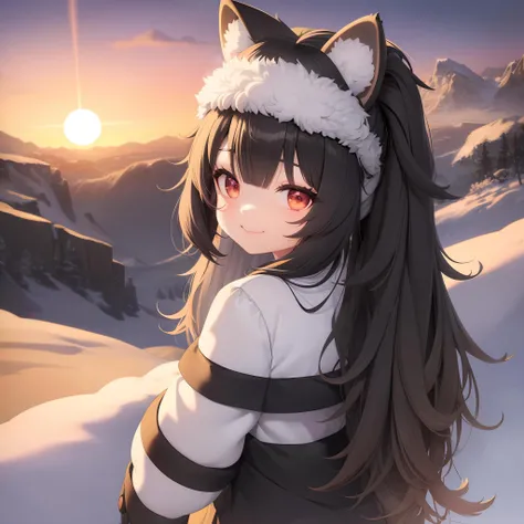 furry raccoon girl, 1girl, solo, multicolored eyes, raccoon ears, two-tone hair, (high quality, best quality), body fur, animal nose, sunset, horizon, mountain edge, long hair, gray coat, from behind, tail, upper body, snow, winter, smile