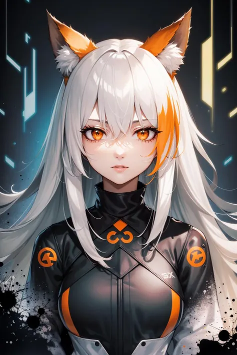 (masterpiece:1.1), (highest quality:1.1), (HDR:1.0), extreme quality, cg, (negative space), detailed face+eyes, 1girl, fox ears, animal ear fluff, (plants:1.18), (fractal art), (bright colors), splashes of color background, colors mashing, paint splatter, complimentary colors, neon, (thunder tiger), compassionate, electric, limited palette, synthwave, fine art, tan skin, upper body, (green and orange:1.2), time stop, sy3, SMM