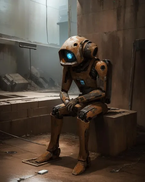 (masterpiece:1.1), (highest quality:1.1), (HDR:1.0), closeup of a rusted android in a corner of a basement, looking down, desolated, sad, sitting, concept art, character design, Unreal engine, vray, volumetric fog, sunbeam, insanely detailed, weathered, corroded, oxidized, rusted, decayed, flaking paint, vignette