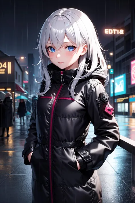extreme quality, cg, detailed face+eyes, (bright colors:0.9), 1girl, night city, rain, coat, hands in pockets, masterpiece, 8k, (tone mapping, hyper focus:0.7), (random:1.4)