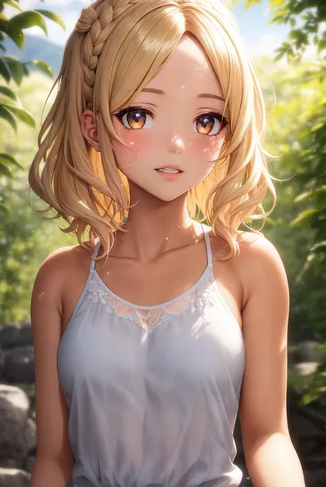 realistic photo of an anime girl, (outdoors), detailed face+eyes, (detailed texture), picturesque, day, dappled sunlight, attractive, full lips, short hair, wavy hair, parted hair, parted bangs, forehead, hair intakes, blonde hair, hawk eyes, white eyes, masterpiece, varied depth of field, limited palette, bandana, landscape, (tan skin), bracelet, (coral shirt), sleeveless, whisker markings, (varied depth of field:0.8), looking, orange, ambient lighting