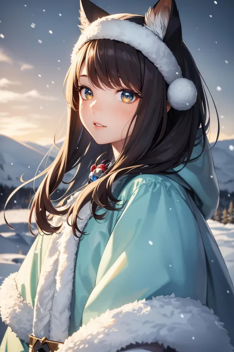 extreme quality, cg, detailed face+eyes, (bright colors), (anime), 1girl, impact, (winter), blizzard, time stop, sci fi, (tribal cat), (eskimo), animal ear fluff, fur trim, clouds, tan skin, (feather headdress:1.2), masterpiece, top tier, extravagant, 8k, unity wallpaper, unreal engine 5, ray tracing, 8k, cinematic, varied depth of field, octane render, elegant, tone mapping, hyper focus, parted lips, (aqua), dappled sunlight, (snowing), nature, winter coat, upper body, (morning glow), lighthouse, gold eyes, horizon, picturesque scenery, mountain, forest, looking at viewer, (tundra)