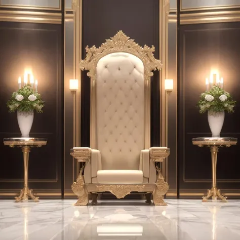 realistic photo of reflective marble flooring, nature, luxury, (anime throne), plants, supreme, pillar, extreme quality, masterpiece, 8k, depth of field, intricate details, mirrorless