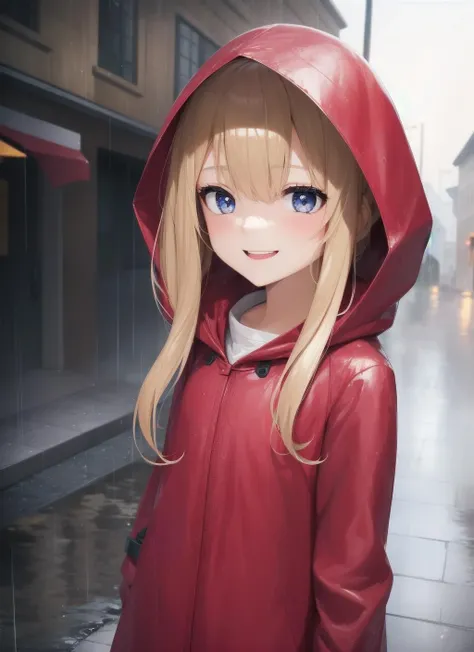 girl, blonde hair, red eyes, rain, looking down, smile, blue raincoat, hood up, town